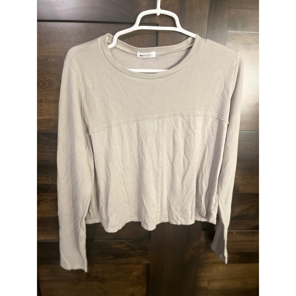 LAmade Women Long Sleeve Waffle Jersey Mixed Media Top Gray Large NWT USA Made